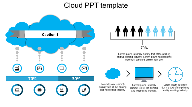 Blue themed cloud template with icons for technology, percentages, and human figures, with a caption and progress bars.