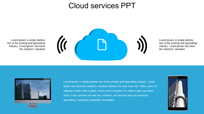 Cloud services PowerPoint template with cloud icon connected to text blocks, featuring devices and dummy text content.
