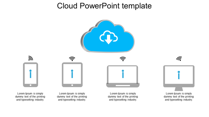 Cloud computing illustration with a blue cloud icon above four connected devices, including tablets, a laptop, and a desktop.