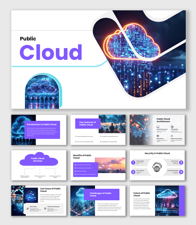 Cloud PPT Template digital cloud computing network graphic with purple shapes on clean white presentation layout.