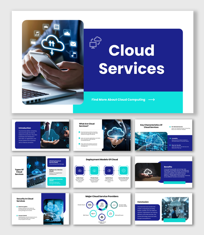 Cloud services blue and teal slides with cloud icons, service models chart, deployment diagram, and tech visuals.
