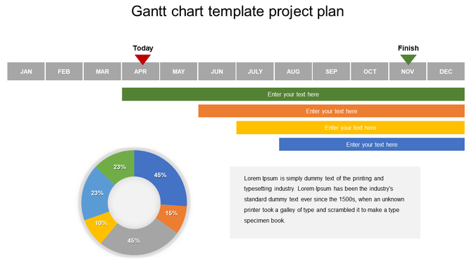 Gantt chart plan template showing tasks across months with a colorful circular pie chart and matching bars on theright.
