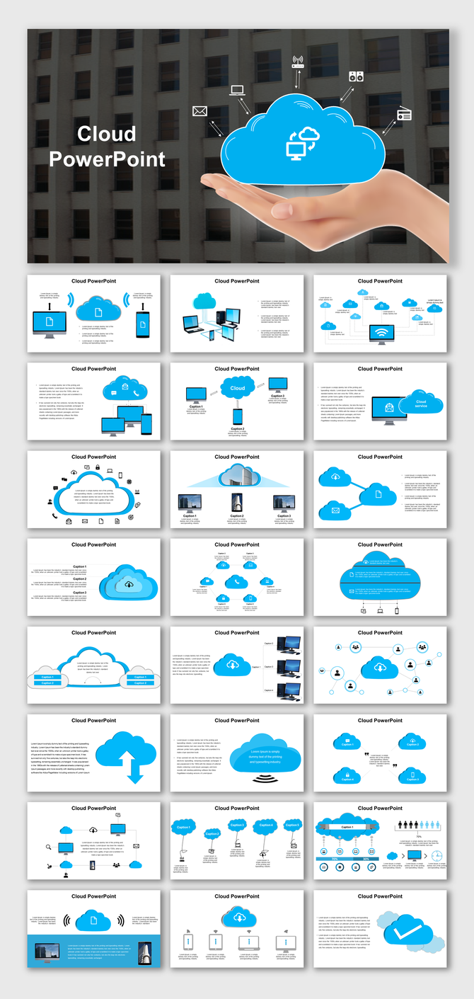Slide deck featuring various cloud graphics, network diagrams, and device icons, showcasing features, with blue theme.