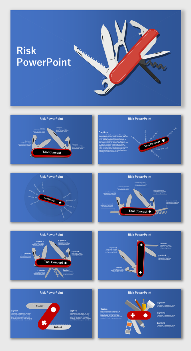 Blue-themed risk slide deck with a Swiss army knife visual and supporting placeholders text areas.