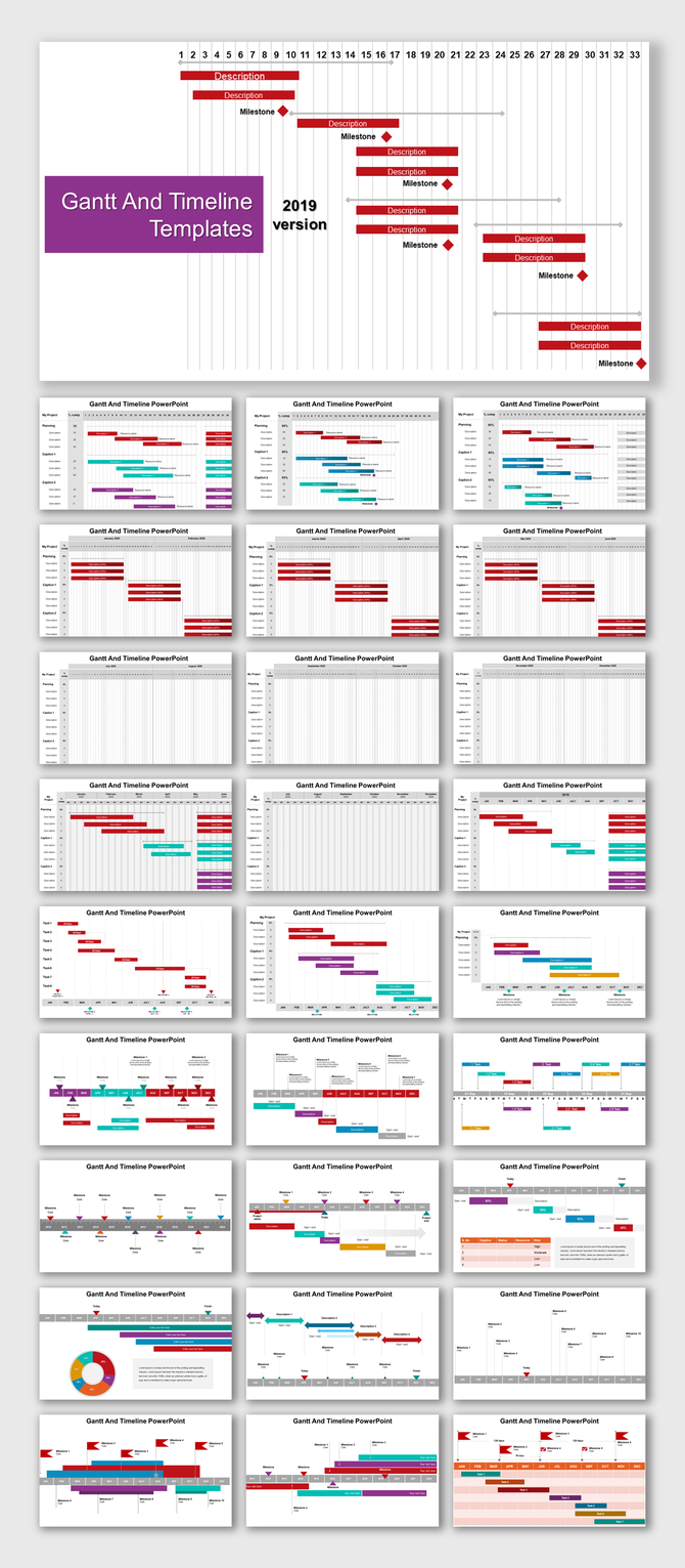 Slide deck featuring various Gantt and timeline templates with colorful bars, labels, and milestones across multiple slides.