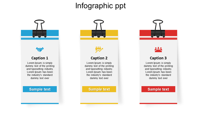Three infographic cards with binder clips, colored headers, business icons, and captions, arranged in a horizontal layout.