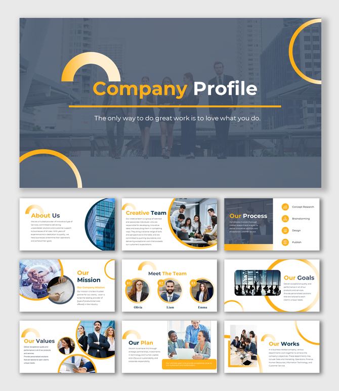 Company profile deck with a dark cover, yellow highlights, and slides for team, mission, values, process, and goals.