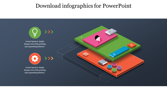 A 3D infographic showcasing stacked mobile UI elements in green and orange, with interactive icons and illustration.
