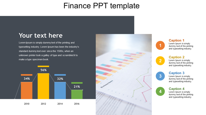 A finance PowerPoint template showing a bar graph for the years 2010 to 2016 with placeholder text and captions.