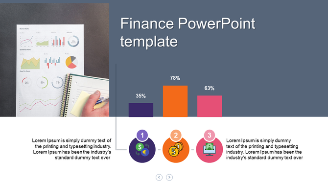 Business finance template displaying a data analysis sheet, a bar chart with percentages, and a process with financial icons.
