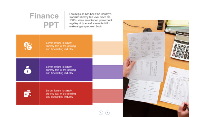 Finance slide with three colored blocks in orange, purple, and red, containing icons, along with a photo of financial papers.