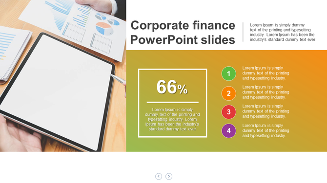 Corporate finance slide with a split layout featuring financial charts and a tablet on the left, a percentage box.