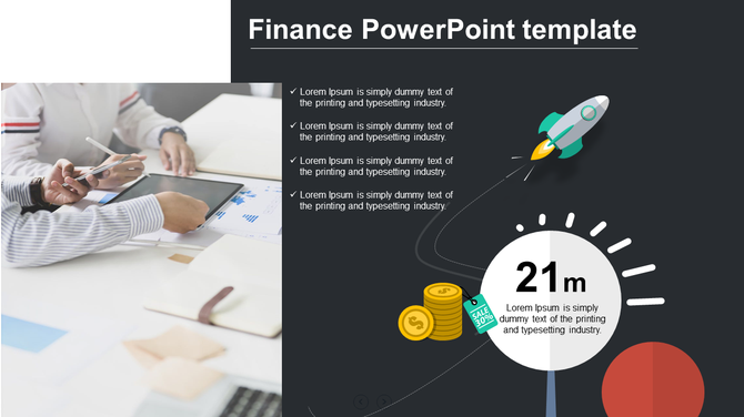 A finance PowerPoint slide featuring a business meeting scene with people using tablets and a rocket and money icons.