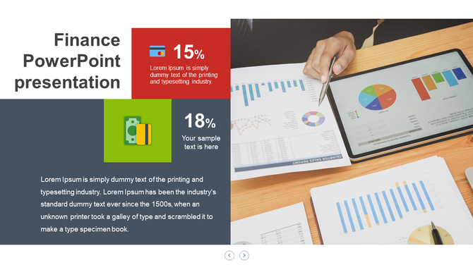 Finance slide featuring a red and green section showing percentages and a workspace with charts on a tablet and papers.