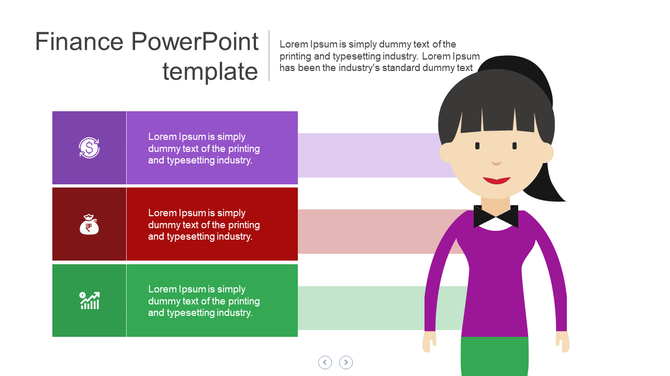 Business finance template featuring a infographic with purple, red, and green sections and a cartoon style illustration.
