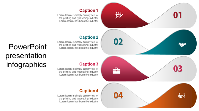 Curved infographic timeline with four numbered sections in red, teal, pink, and orange, each featuring an icon and text.