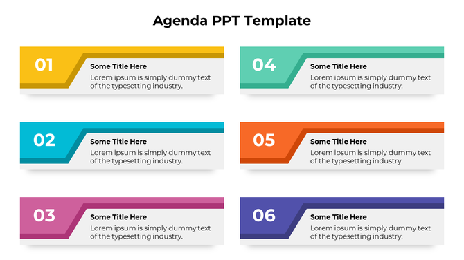 Agenda slide featuring six numbered sections in yellow, blue, pink, teal, orange, and purple, along with placeholder text.