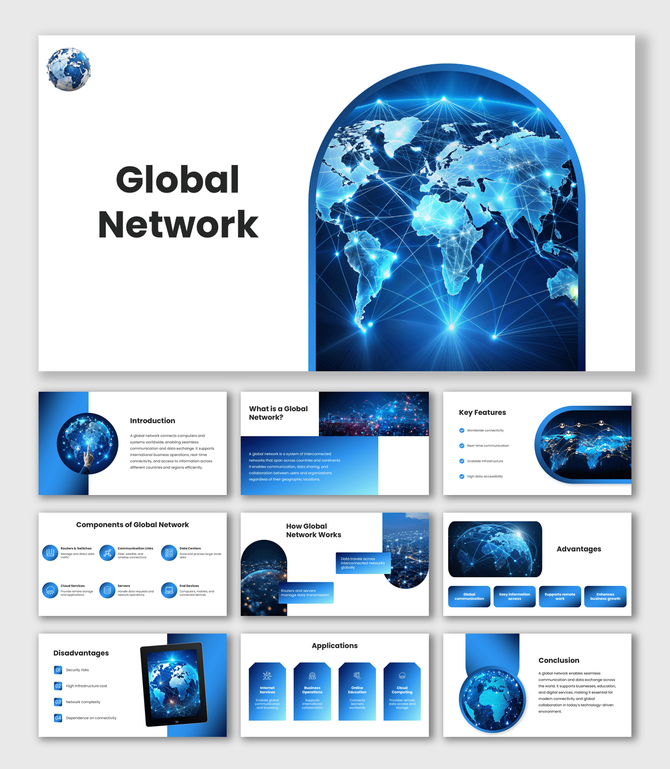 Global Network PowerPoint Template with world map connectivity graphic, blue shapes and clean white layout.
