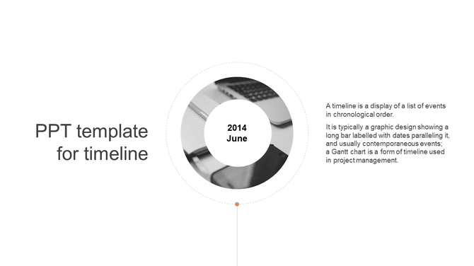 Circular timeline graphic with a grayscale office image, a central date label, and placeholder text areas on both sides.