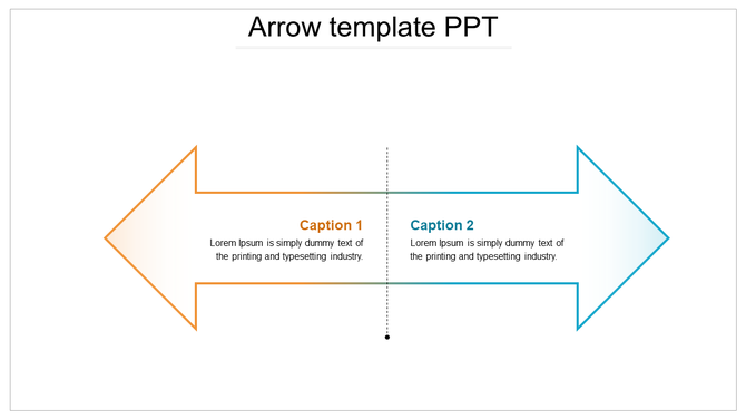 Two opposing arrows in orange and blue borders, labeled caption 1 and 2 with text placeholders inside.