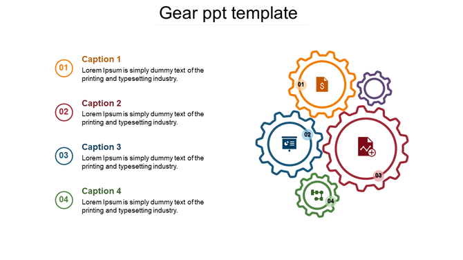 Infographic with four gears in orange, red, blue, and green, linked to numbered captions on the left.
