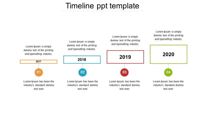 Timeline slide featuring years from 2017 to 2020 in orange, blue, red, and green outlined boxes, linked to numbered circles.