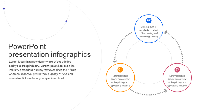 Infographic slide with three circular steps, each connected by a dashed line, labeled from 01 to 03 with placeholder text.