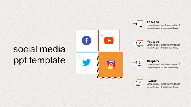 Slide design displaying four social media icons in color coded squares, linked to text descriptions on the right.