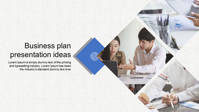 Business plan slide with collaborative team photos and a central blue geometric element.