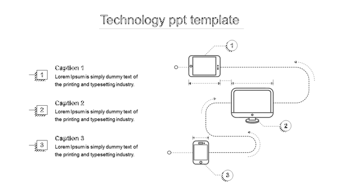 Technology PowerPoint template featuring mobile devices, tablets, and desktops with numbered arrows and caption text.