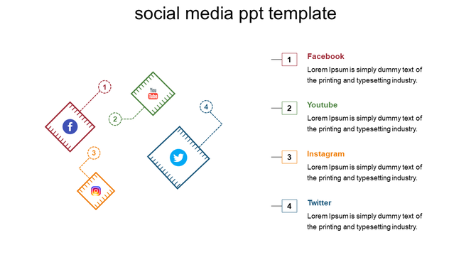 Social media slide with icons for Facebook, YouTube, Instagram, and Twitter arranged in a scattered layout.