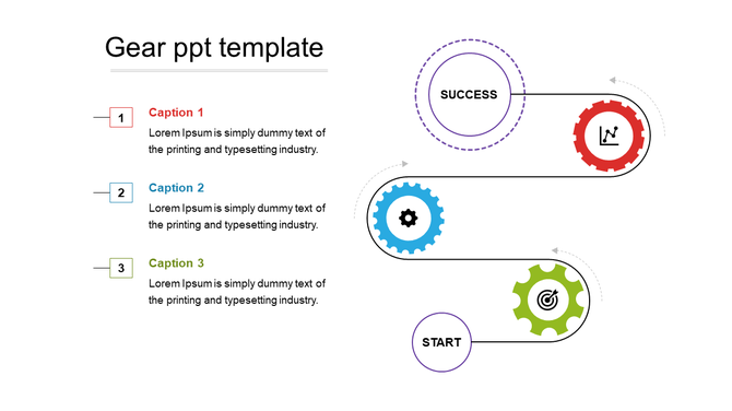 Process infographic with a curved path connecting three gears, each representing a step, leading from start to success.