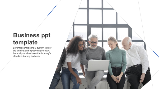Minimalist business slide with a professional team reviewing content, positioned next to a text block with a bold heading.
