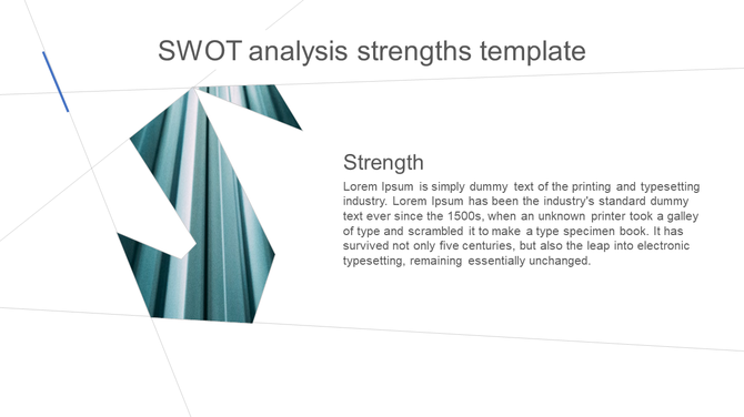 SWOT analysis slide with a bold letter cutout filled with a metallic texture, alongside a text block highlighting strengths.