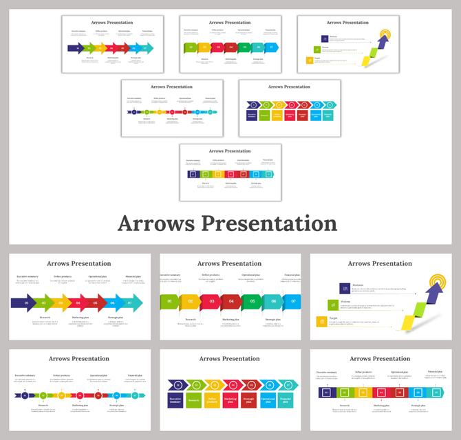 Arrows template showcasing various colorful arrows representing steps, stages, and plans in a visual layout.