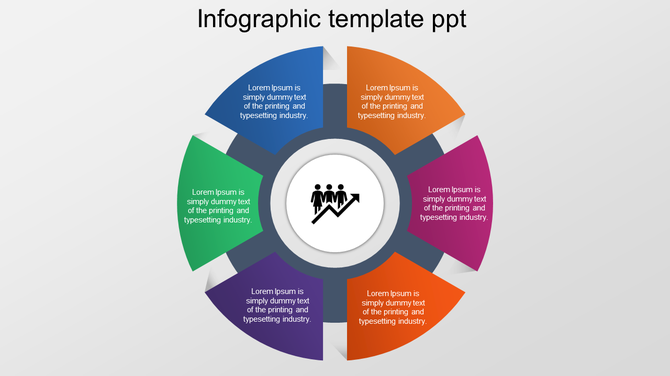 Infographic style PowerPoint template with six colorful sections surrounding a central icon of people and an upward arrow.
