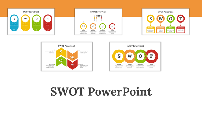 Collection of SWOT PowerPoint slides with different color schemes and design layouts on an orange and white backdrop.