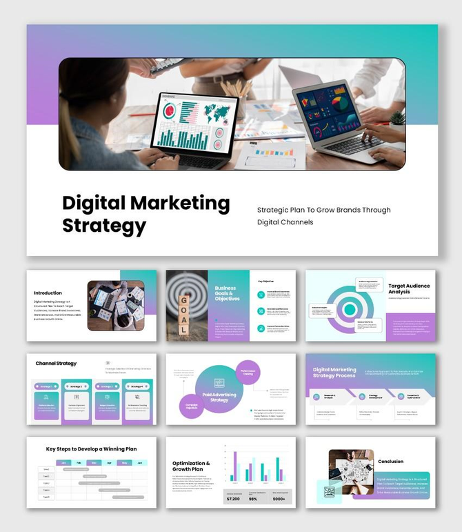 Digital Marketing Strategy presentation with gradient color theme, charts, target analysis, and channel cards.