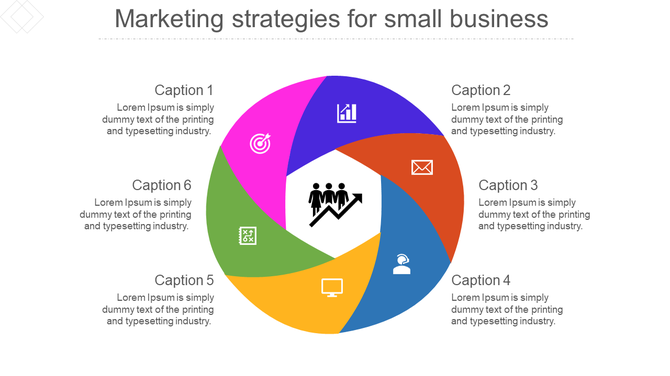 A central circular diagram divided into six sections, each with a icon, and placeholder text for marketing strategies.