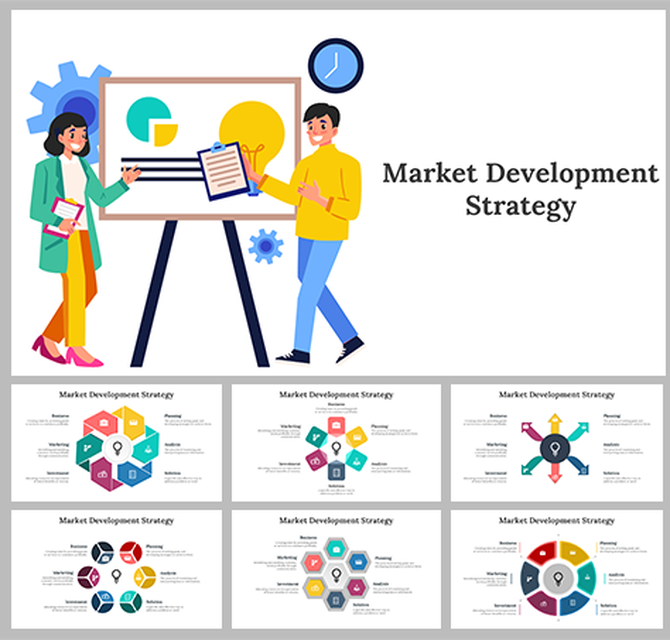 Market development strategy slides featuring animated characters and colorful layout designs with icons.