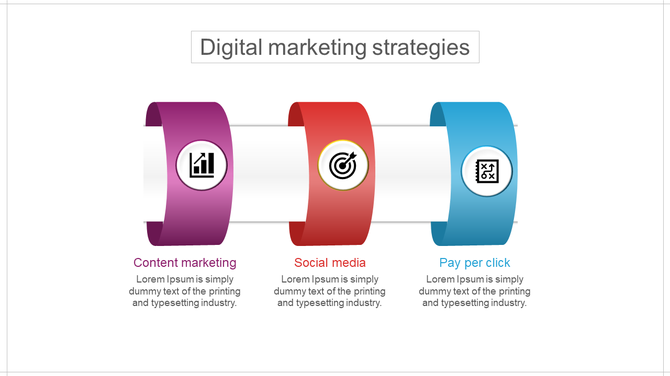 Digital marketing strategies infographic slide featuring three components from content marketing to pay per click with icons.