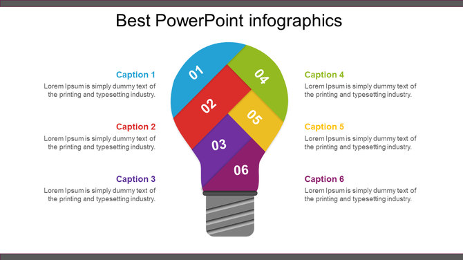 Colorful segmented light bulb infographic featuring six sections, each numbered and color coded, with caption areas.