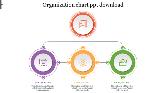 Organizational chart with circular nodes in red, purple, yellow, and green, each with icons and connected by dotted lines.