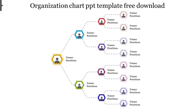 Hexagonal organization chart slide showing names and positions in a hierarchical structure with color coded levels.