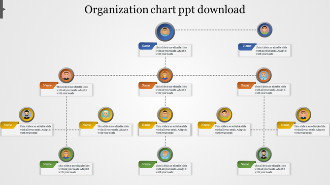 Company hierarchy chart with three levels, starting from a top leader node branching into managers and employees.