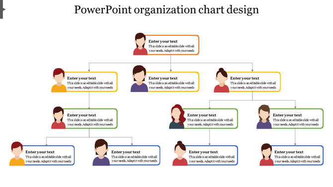Organization chart PPT slide with colorful sections and name position fields for a hierarchical team structure with text.