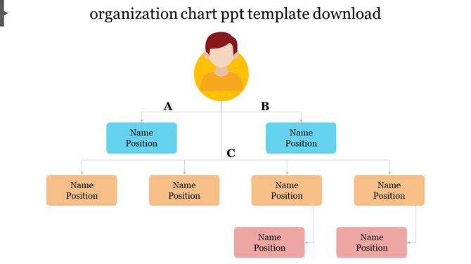 Organization chart with a central figure connected to blue, orange, and pink labeled nodes for names and positions.