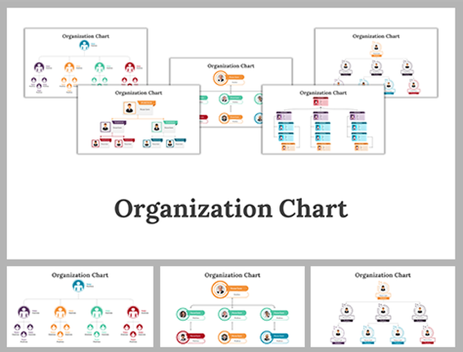 Set of organization chart designs in various formats, showcasing team structures with icons, captions, and linked nodes.