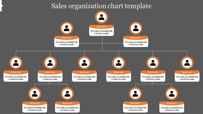 Sales organization chart slide with hierarchical structure and placeholders for text on a gray background.