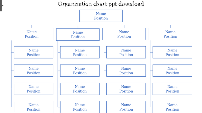 Organization chart PPT slide layout with multiple levels, displaying names and positions in a structured format.